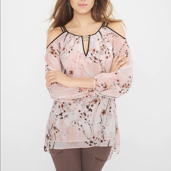 White House Black Market Tops - White House Black Market floral cold shoulder chiffon long sleeve blouse